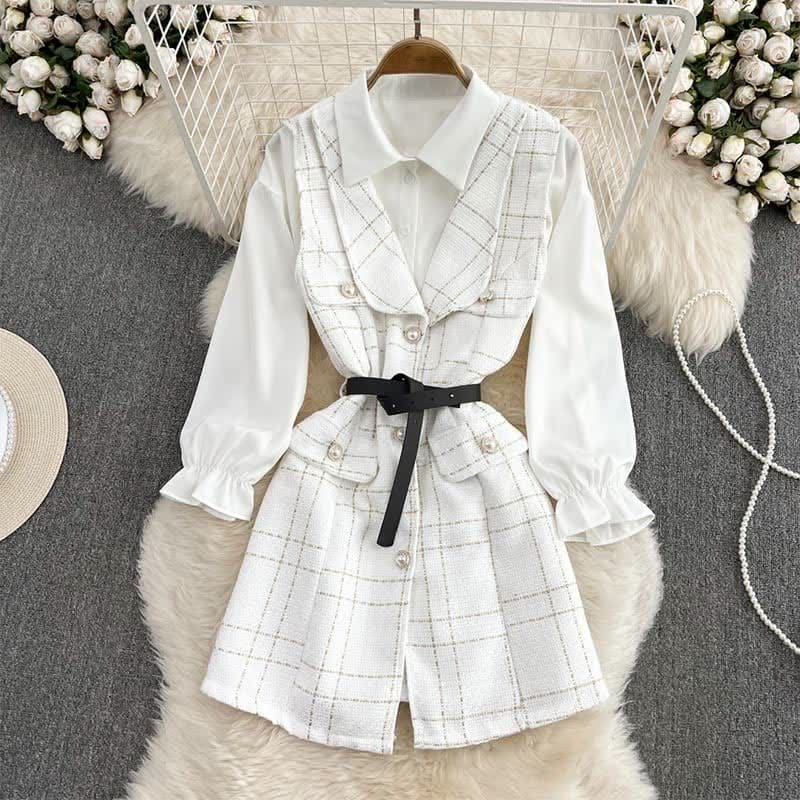 Lattice Print Belted Vest Long Sleeve Shirt Set - White