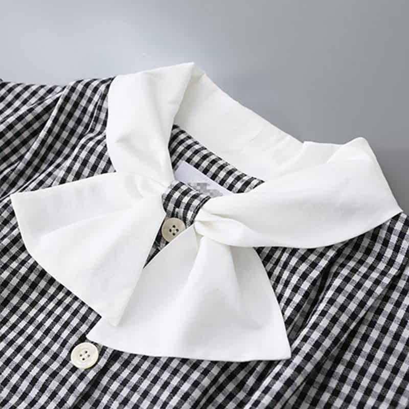 Lattice Print Bow Tie Puff Sleeve Shirt Workwear