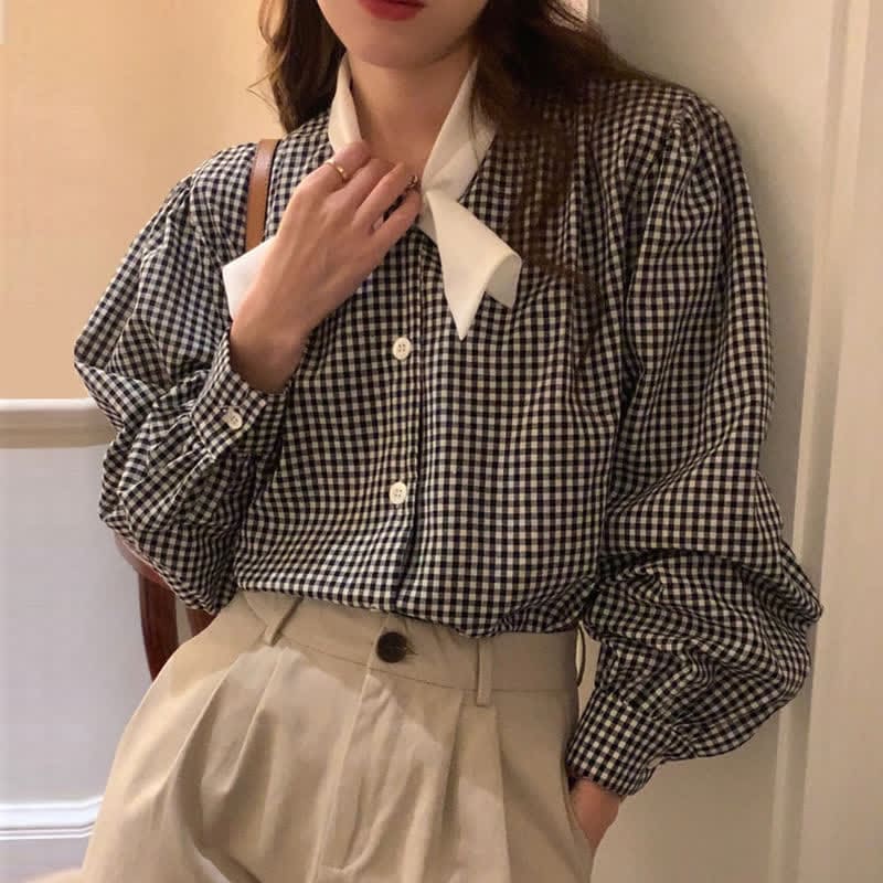 Lattice Print Bow Tie Puff Sleeve Shirt Workwear