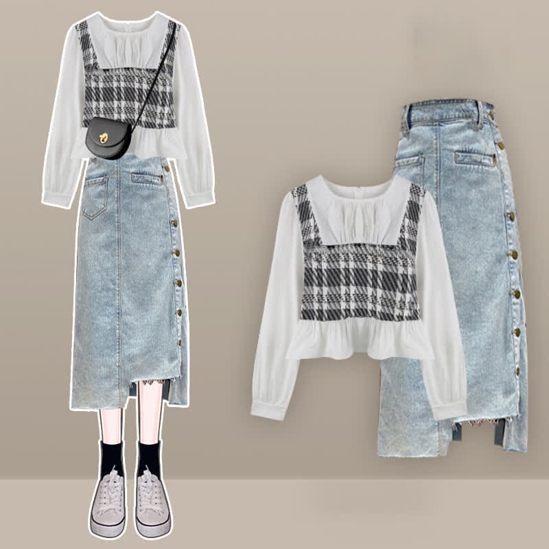 Lattice Print Shirt Fishtail Denim Skirt Set - Set C / M