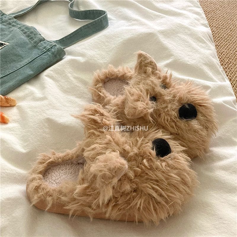 Lazy Puppy Plush Warm Fluffy Slippers - Brown