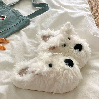 Lazy Puppy Plush Warm Fluffy Slippers - White