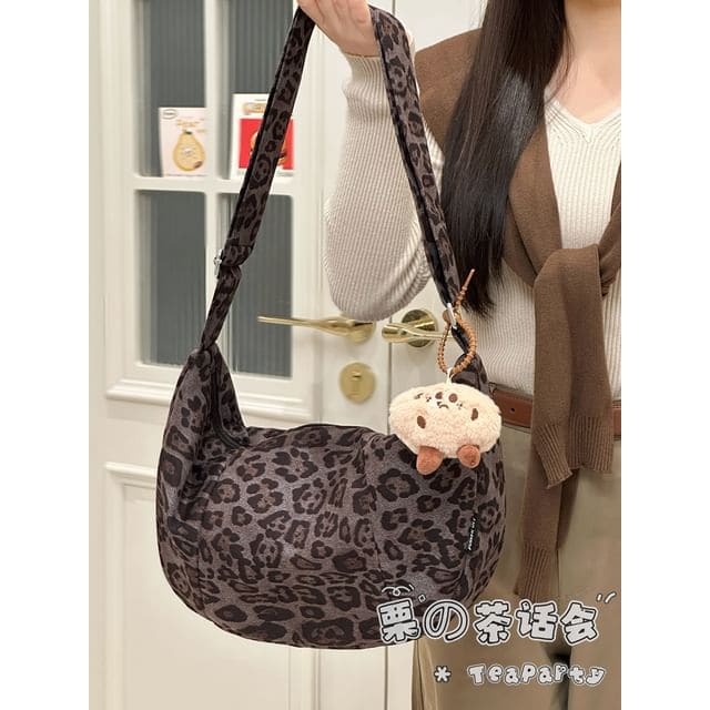 Leopard Print Crossbody Bag - With Almond Ball Charm - Gray