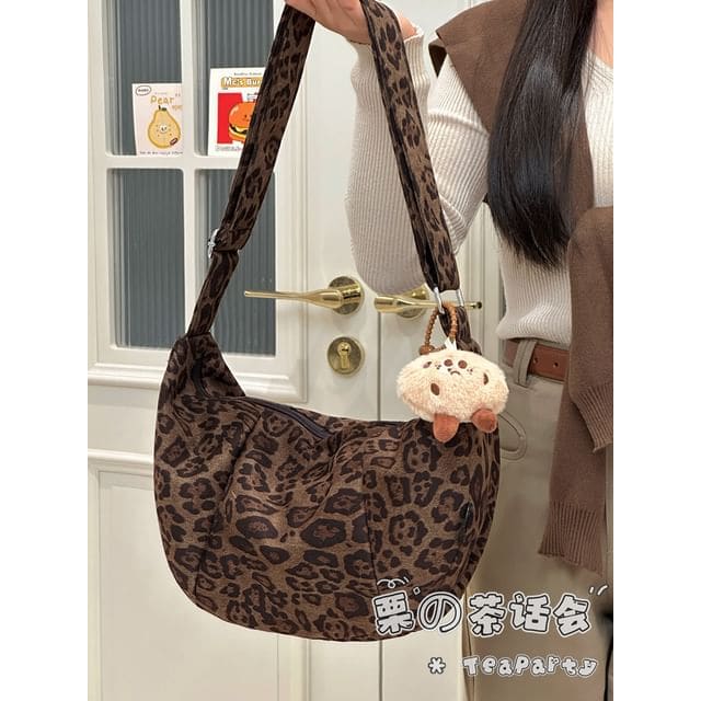 Leopard Print Crossbody Bag - With Bean Charm - Coffee