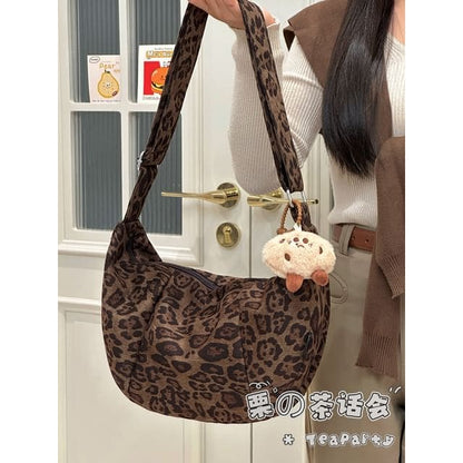 Leopard Print Crossbody Bag - With Bean Charm - Coffee