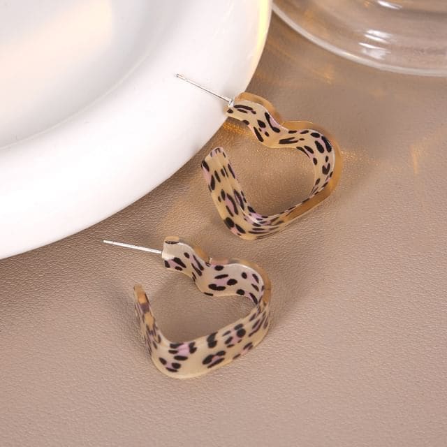 Leopard Print Heart Acrylic Open Hoop Earring - 1 Pair