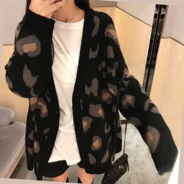 Leopard-Print V-Neck Cardigan - Black / One SIze