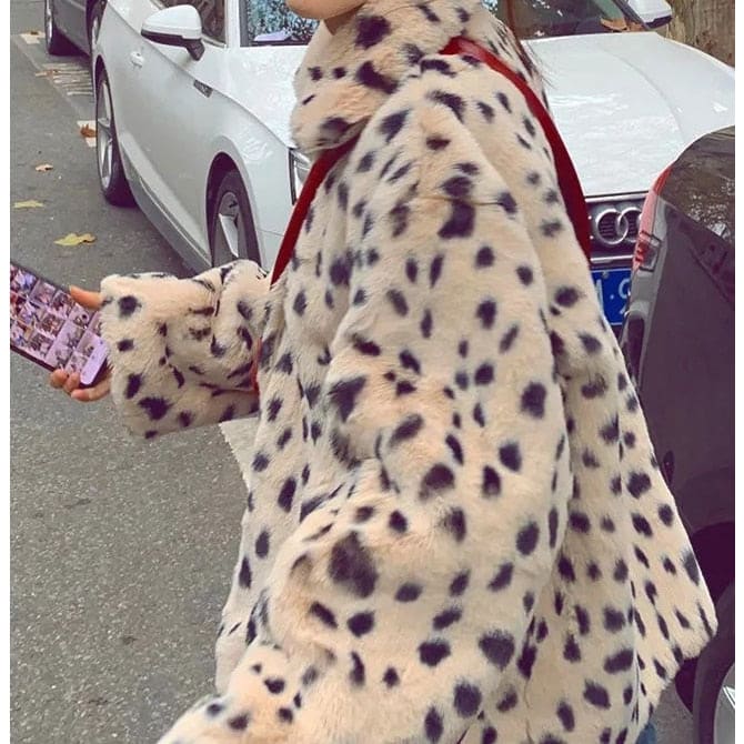 Leopard Turn Down Collar Double-faced Faux Fur Short Coat