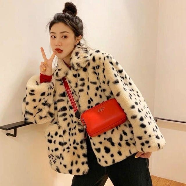 Leopard Turn Down Collar Double-faced Faux Fur Short Coat