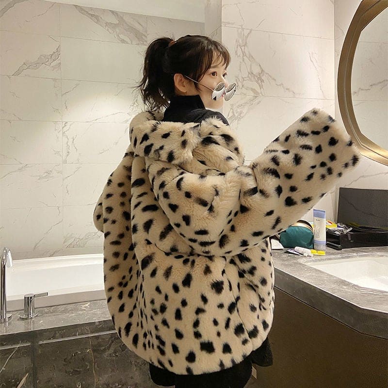 Leopard Turn Down Collar Double-faced Faux Fur Short Coat