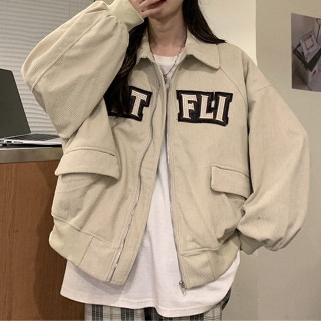 Letter Applique Shirt Jacket - Almond / M