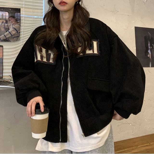 Letter Applique Shirt Jacket - Black / M