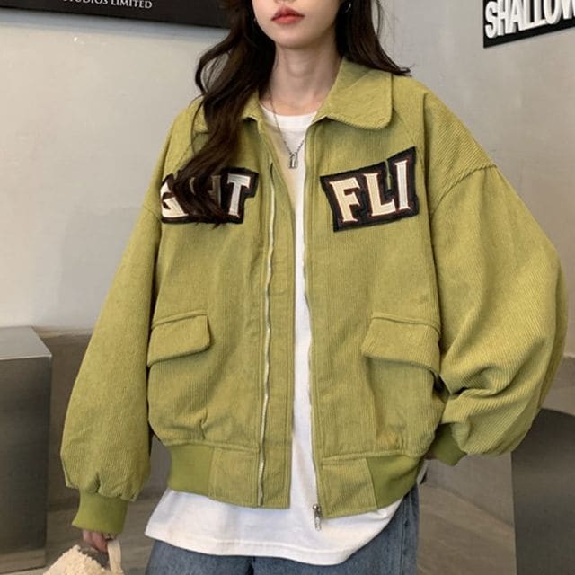 Letter Applique Shirt Jacket - Green / M