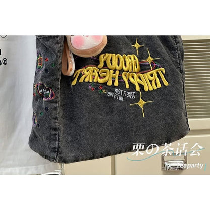 Letter Embroidered Denim Tote Bag / Bag Charm / Set