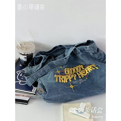 Letter Embroidered Denim Tote Bag / Bag Charm / Set - Denim