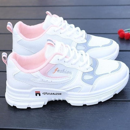 Letter Embroidered Lace-Up Platform Sneakers - Pink / 35