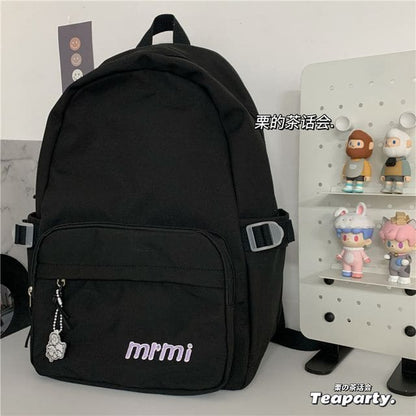 Letter Embroidered Multi-Pocket Backpack / Bag Charm / Set