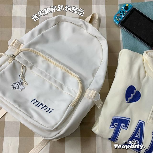 Letter Embroidered Multi-Pocket Backpack / Bag Charm / Set