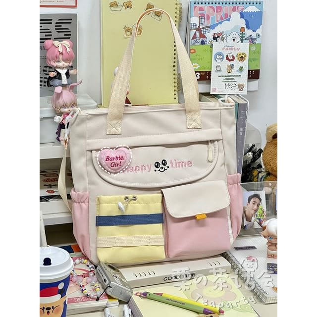 Letter Embroidered Multi-Pocket Tote Bag / Backpack / Bag