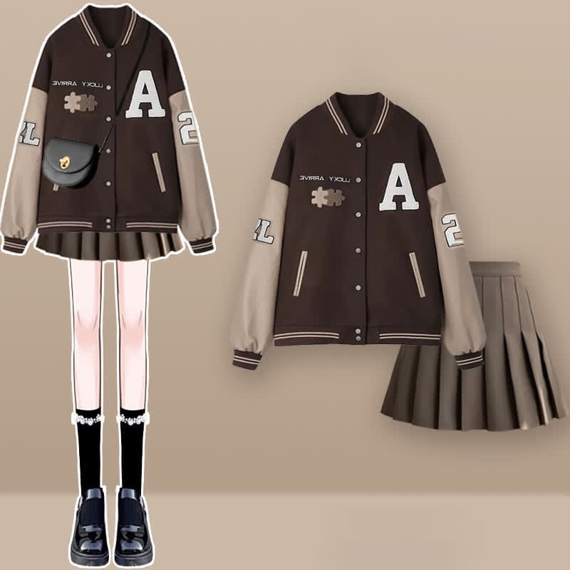 Letter Embroidery Baseball Jacket Pleated Skirt Set