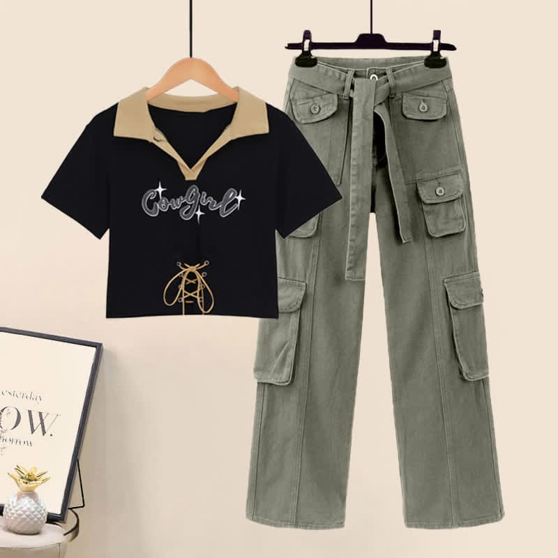 Letter Print Crop Top T-Shirt Cargo Pants Set - Set / M