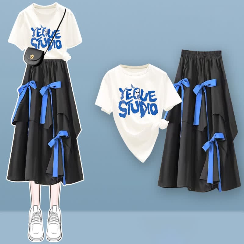 Letter Print T-Shirt Irregular Bow Decor SKirt Set