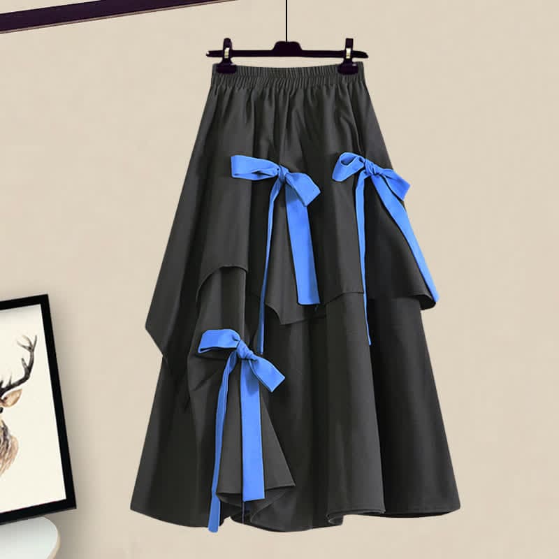 Letter Print T-Shirt Irregular Bow Decor SKirt Set