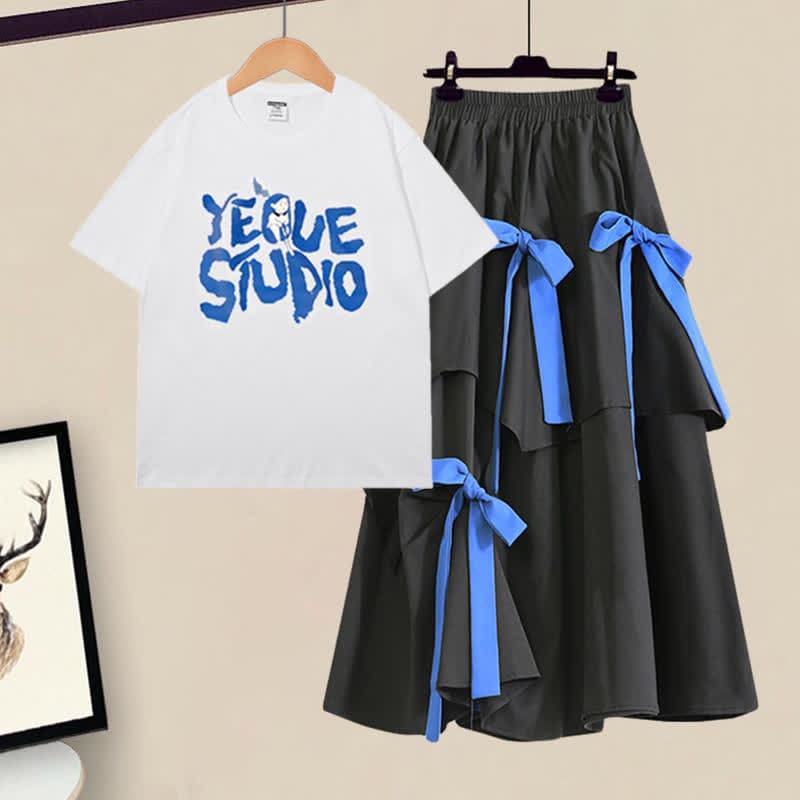 Letter Print T-Shirt Irregular Bow Decor SKirt Set - Set / M