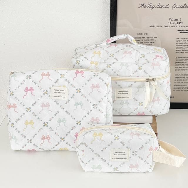 Lettering Applique Bow Fabric Makeup Bag / Clutch (Various