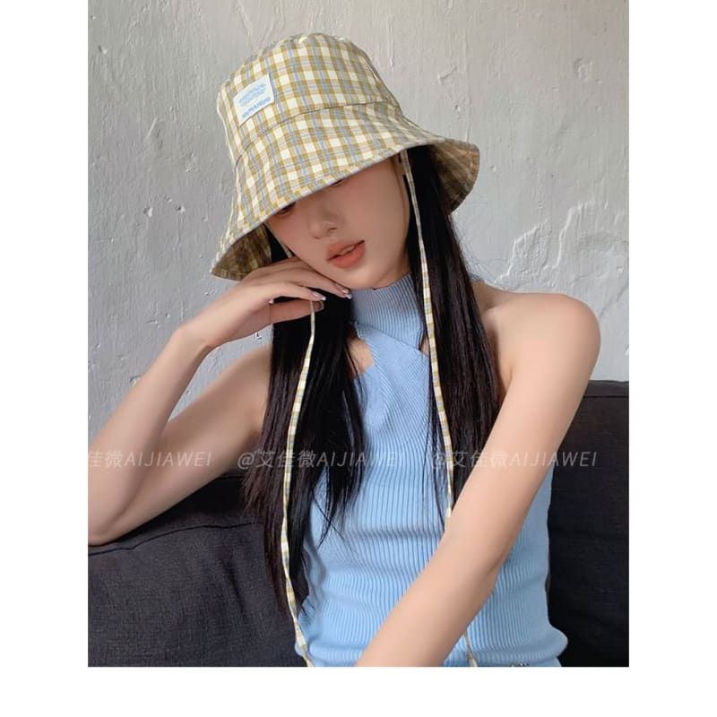 Lettering Applique Plaid Bucket Hat