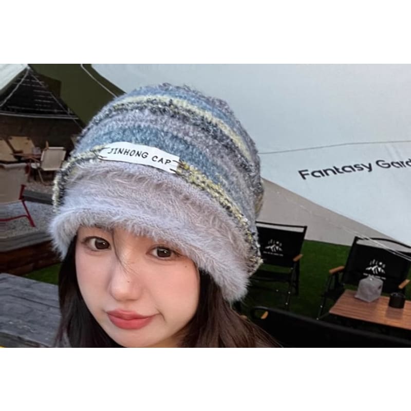 Lettering Applique Striped Knit Slouchy Beanie