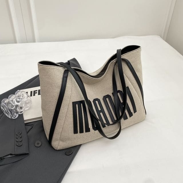 Lettering Applique Tote Bag - Black / One Size