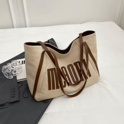 Lettering Applique Tote Bag - Brown / One Size