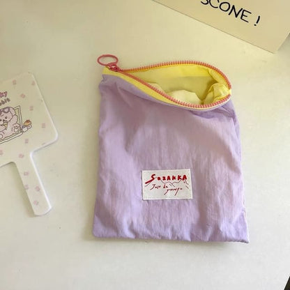 Lettering Applique Zip Pouch - Light Purple / One Size