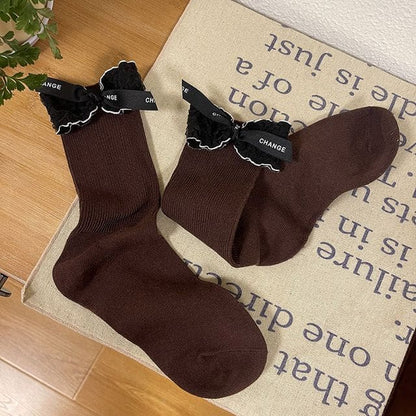 Lettering Bow Socks - Brown / One Size