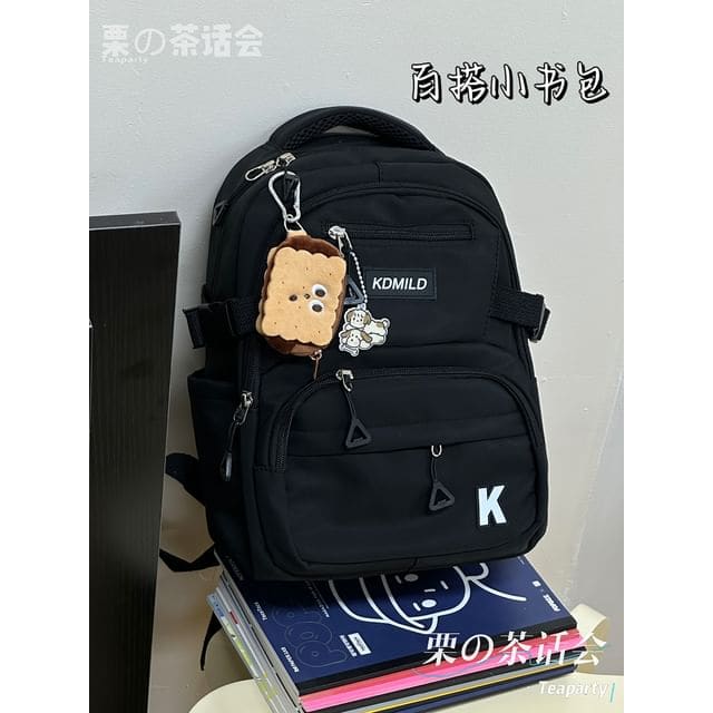 Lettering Buckle Backpack - With Biscuit Coin Purse - Black