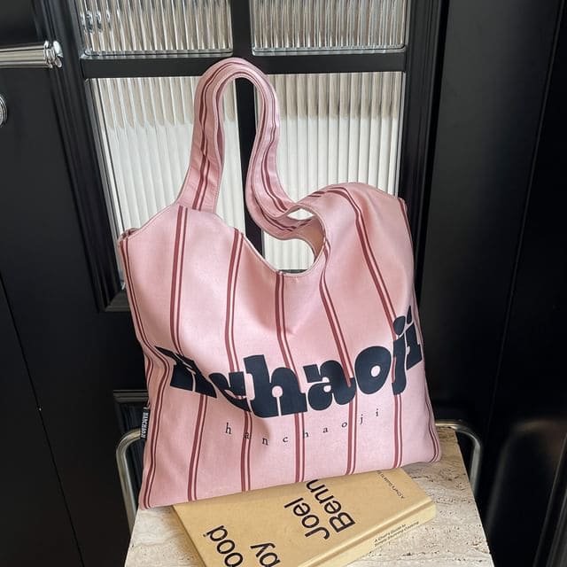 Lettering Canvas Tote Bag - Pink / One Size