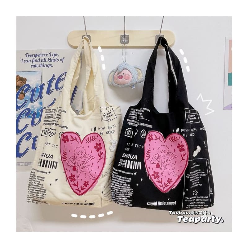 Lettering Cartoon Print Shopper Bag / Bag Charm / Set