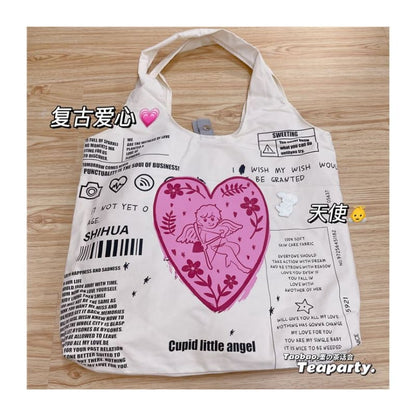 Lettering Cartoon Print Shopper Bag / Bag Charm / Set