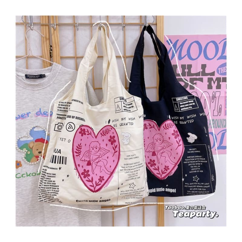 Lettering Cartoon Print Shopper Bag / Bag Charm / Set