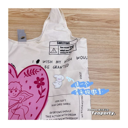 Lettering Cartoon Print Shopper Bag / Bag Charm / Set