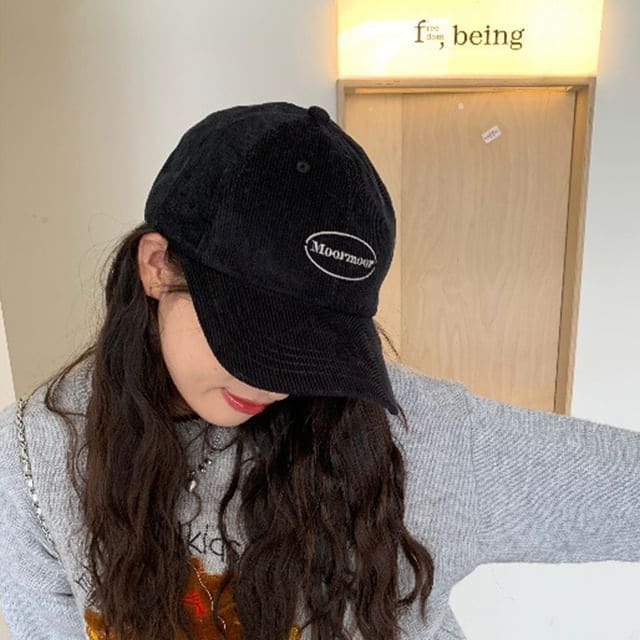 Lettering Embroidered Corduroy Baseball Cap - Black / M