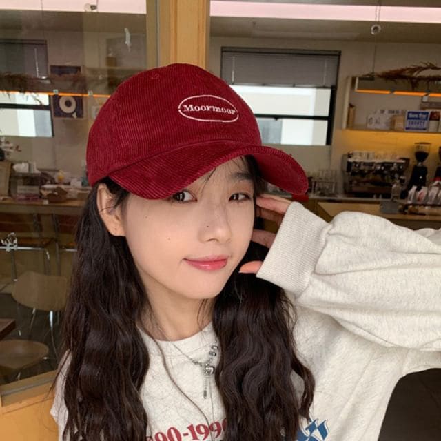 Lettering Embroidered Corduroy Baseball Cap - Wine Red / M