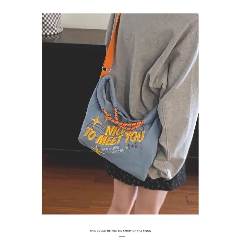 Lettering Embroidered Denim Crossbody Tote Bag