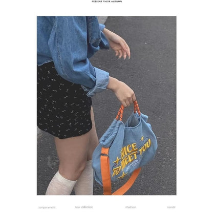 Lettering Embroidered Denim Crossbody Tote Bag