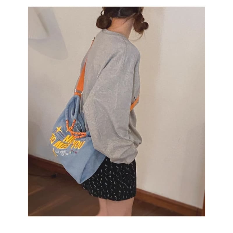 Lettering Embroidered Denim Crossbody Tote Bag