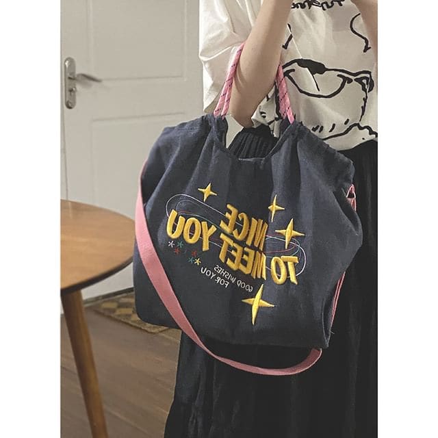 Lettering Embroidered Denim Crossbody Tote Bag - Dark Blue