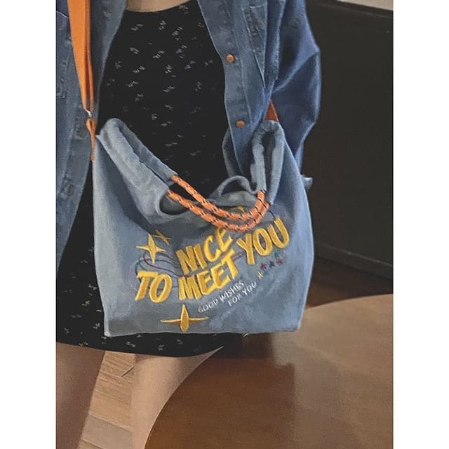 Lettering Embroidered Denim Crossbody Tote Bag - Light Blue