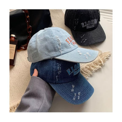 Lettering Embroidered Distressed Denim Baseball Cap