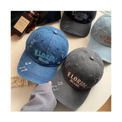 Lettering Embroidered Distressed Denim Baseball Cap